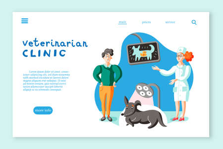 Veterinarian clinic landing page layout. Man with dog at veterinary office illustrationのイラスト素材