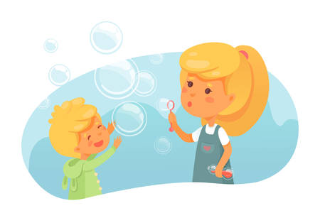 Kids blowing soap bubbles flat vector illustrationのイラスト素材