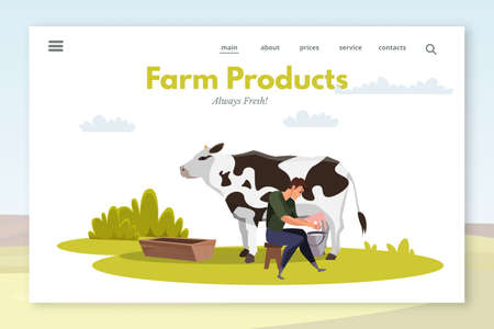 Farm products landing page layout. Farmer milking cow flat vector illustrationのイラスト素材