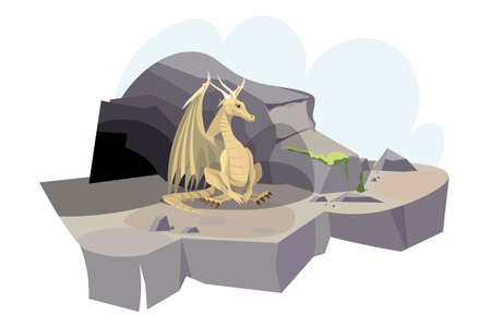 Dragon near cave flat vector illustrationのイラスト素材