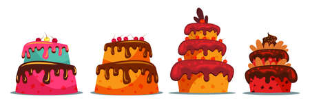 Set of delicious two and three tier cake vector illustration. Sweet multi layered dainty with creamy...