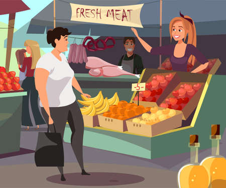 Farmers market flat vector illustration. Happy buyer and vendors cartoon characters. Outdoor grocery shopping, organic nutrition. Natural products, fresh fruits, vegetables and meat sale businessのイラスト素材
