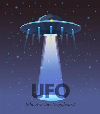 Flying saucer flat vector banner concept. Science fiction, alien invasion. Unidentified extraterrestrial object. Conspiracy theory, UFO book cover. Futuristic spacecraft illustration with typographyのイラスト素材