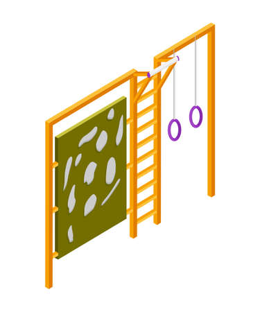 Sport equipment isometric vector illustration. Wall bars, training apparatus for wall climbing. Children playground object with gymnastic rings. Healthy lifestyle, active recreation, sportive leisureのイラスト素材