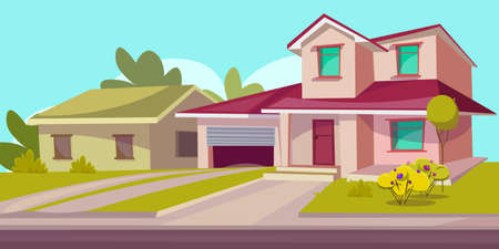 Residential house flat vector illustration. Real estate. Countryside building exterior. Two storey dwelling place with garage. Suburban home facade with garden and lawn. Cottage house leasingのイラスト素材