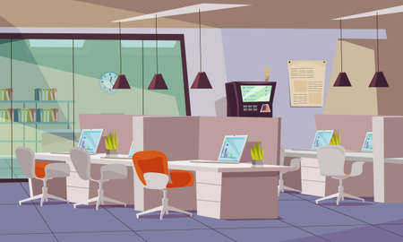 Empty office flat vector illustration. Coworking workspace interior design. Employees workplace, open office. Workers desks with rolling chairs. Laptops and potted plants on tables cartoon drawingのイラスト素材