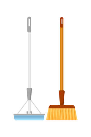 Modern mop and broom flat vector illustration. Floor washing and sweeping, housekeeping tools. Housekeeper, cleaner equipment. Household chores, housework, professional cleaning service attributesのイラスト素材