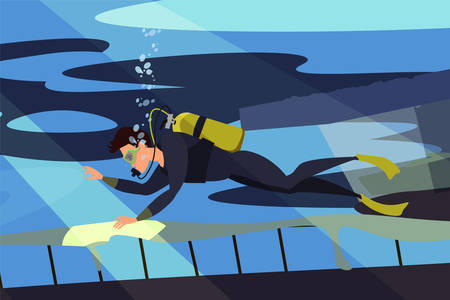Scuba diver flat vector illustration. Diving, snorkeling, ocean marine life and sea bottom researching. Explorer holding map cartoon characterのイラスト素材