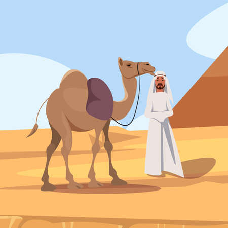 Happy bedouin with camel flat vector illustration. Cheerful nomad in traditional arab clothing cartoon character. Smiling man with humped animal. Egyptian travelerのイラスト素材