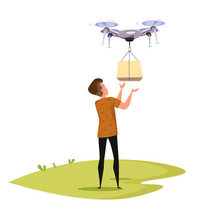 Drone delivering box flat vector illustrationのイラスト素材