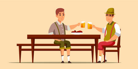 Octoberfest celebration flat vector illustration. People wearing traditional fest clothes, drinking beer, cheering cartoon characters. German beer festival. Guys having fun on festive eventのイラスト素材