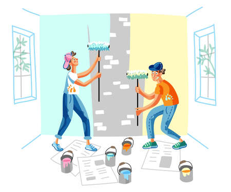 Apartment wall painting flat vector illustration. Male painters working cartoon characters. Home interior design changing. House renovation and decoration. Color paint on roller brushesのイラスト素材