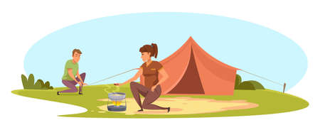 Man and woman having camping trip on nature. Young family couple travelling together. Boyfriend pitch tent. Girlfriend make fire. Rest place and bonfire at camp. Forest adventure. Vector illustrationのイラスト素材