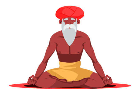 Old yogi sitting in lotus pose isolated on whiteのイラスト素材