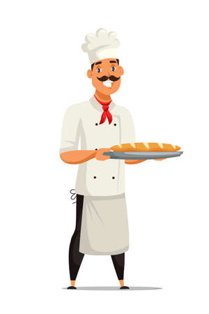 Cheerful baker flat vector illustration. Smiling man in uniform and chef cap cartoon character. Happy cook in apron holding serving tray with fresh baked baguette. Bakery employee, restaurant workerのイラスト素材