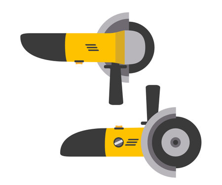 Grinding machine flat vector illustration. Yellow handheld power tool isolated clipart on white background. Automated angle grinder. Factory machinery. Construction equipment design elementのイラスト素材