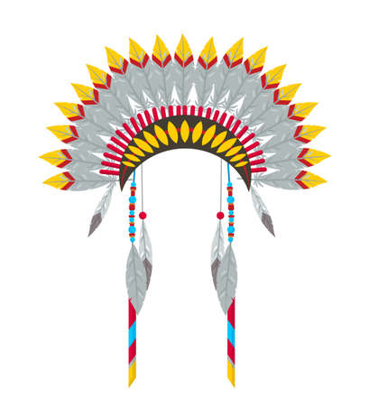 Indian headgear flat vector illustration. Traditional native american hat with feathers isolated clipart on white background. Halloween party costume design element. Tribal chief accessoryのイラスト素材