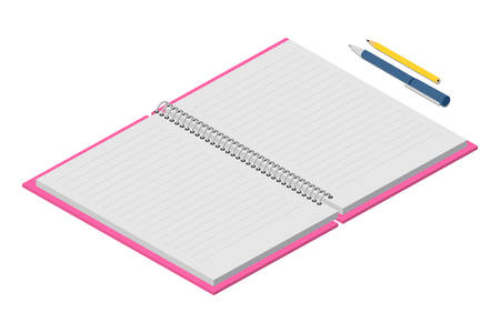 Opened notebook with empty lined pages, pen and pencils. Office items for notifications. Stationary and accessories for working. Vector cartoon flat illustration isolated on white backgroundのイラスト素材