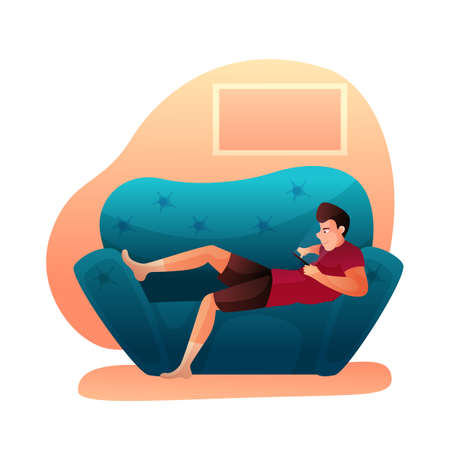 Smartphone addiction flat vector illustration. Man lying in sofa and chatting online, playing game cartoon character. Home rest isolated on white background. Free time spending design elementのイラスト素材
