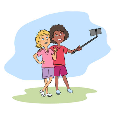 Multiracial teenager friends take selfie on phoneのイラスト素材
