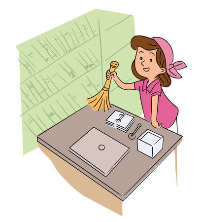 Cute little girl helper dusting off cleaning tableのイラスト素材