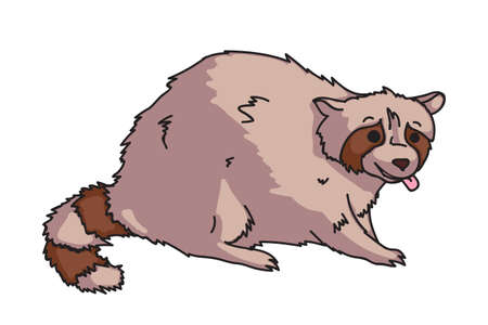 Cute cartoon raccoon with brown fur. Forest inhabitant at petting zoo. Funny animals of north america. Vector flat wild nature. Naturalistic illustration. Native mammal isolated on whiteのイラスト素材
