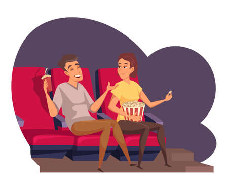 Young couple at cinema flat vector illustration. Friends watching movie and laughing cartoon characters. Boy and girl having fun isolated on white background. Entertainment and relaxationのイラスト素材