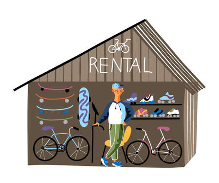 Bicycle, rollers rental kiosk vector illustration. Male worker in rent booth flat character. Bike, skateboard and roller-skates buying. Environmentally friendly transport. Active leisure items conceptのイラスト素材