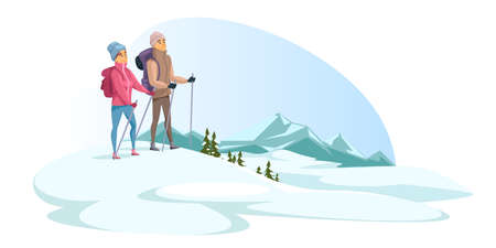 Man and woman enjoy hiking during winter vacationのイラスト素材