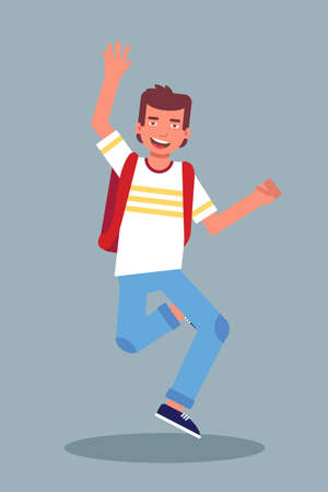 Happy male student jumping flat character. Cheerful young man with rucksack isolated. University, college, school smiling pupil. Joyful, carefree caucasian guy with backpack design elementのイラスト素材