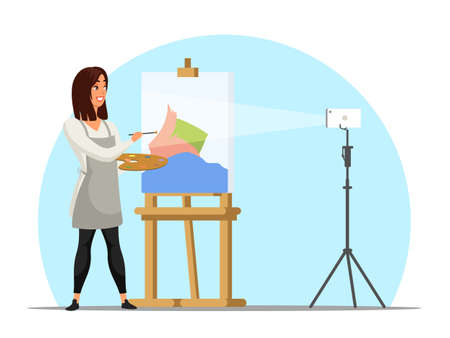 Cartoon woman artist shooting video content on smartphone about drawing picture. Female video blogger giving master class in art studio. Girl presenting online lesson. Vector flat Illustrationのイラスト素材