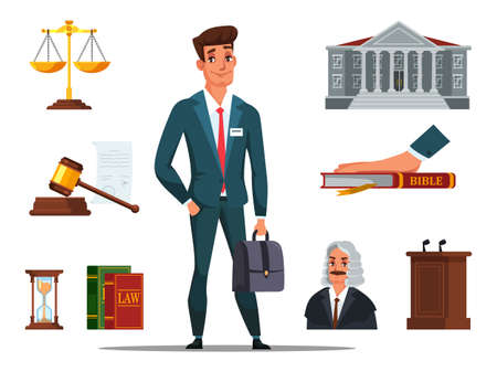 Man lawyer characters wearing suit. Flat referee accessories set. Code of law, bible oath, hourglass, courthouse, tribune, judicial gavel, golden weigh-scales. Justice. Vector illustrationのイラスト素材