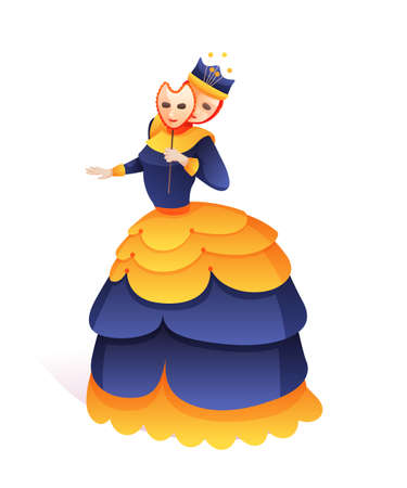 Cartoon woman in bright vintage fluffy blue yellow dress, facial mask standing isolated on white. Venetian masquerade, party, holiday event character. Elegant lady. Vector flat illustrationのイラスト素材