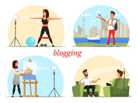 Blogging and vlogging set. Cartoon man and woman bloggers creating and posting video content in social media network. Internet communication. Profile accounting. Flat vector illustrationのイラスト素材