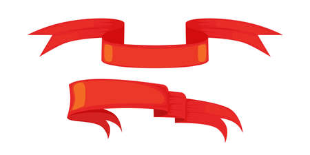 Flat red tapes knight items set isolated on white. Cartoon flags and ribbons. Vintage retro design. Empty decorative elements. Coat of arms template. Medieval ages and chivalry. Vector illustrationのイラスト素材