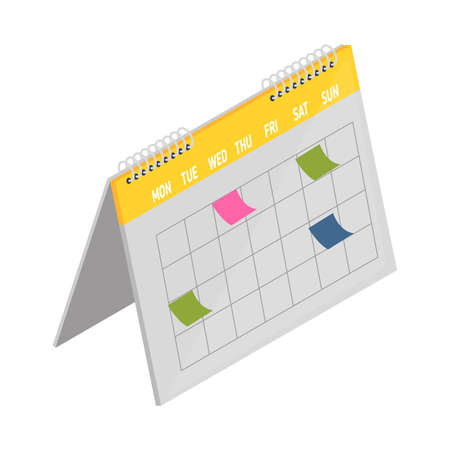 Table planner, calendar flat vector illustration. Time management symbol. Month schedule with sticky notes. Project, task manager tools. Workflow efficiency optimization attributes.のイラスト素材
