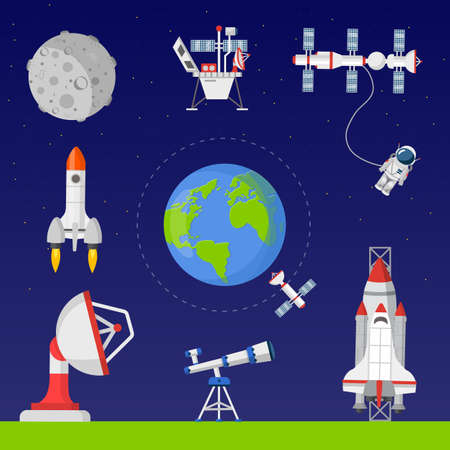 Space exploration flat vector illustrations set