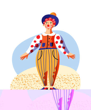 Cute funny clown in colorful costume on stageのイラスト素材