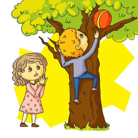 Boy climbing tree for ball to help girl cartoonのイラスト素材
