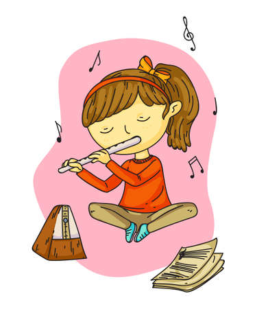 Cute little girl playing melody on pipe cartoonのイラスト素材