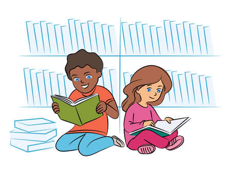 Multiracial kids reading book on floor in libraryのイラスト素材
