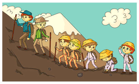 Travel expedition with schoolchildren in mountainsのイラスト素材