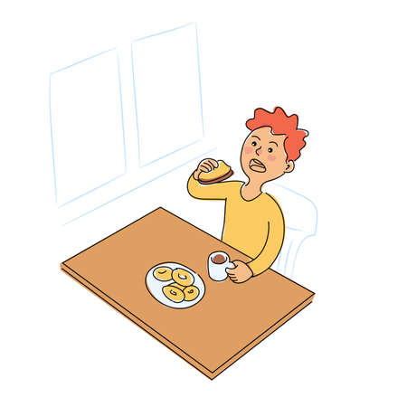 Cute boy eating breakfast at table in home kitchenのイラスト素材