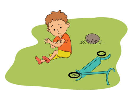 Sad unhappy little boy suffering from elbow ache sitting on grass after scooter accident in green park. Child with injured arm. Injuries, danger and safety during fun. Vector cartoon flat illustrationのイラスト素材
