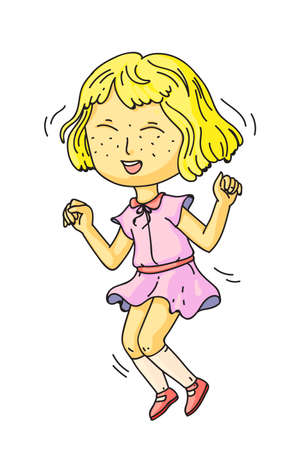 Happy laughing girl in dress rejoicing isolated on white. Little child cartoon character with eyes closed funny jumping. Cheerful kid dancing, having fun. Small sport lover. Vector flat illustrationのイラスト素材