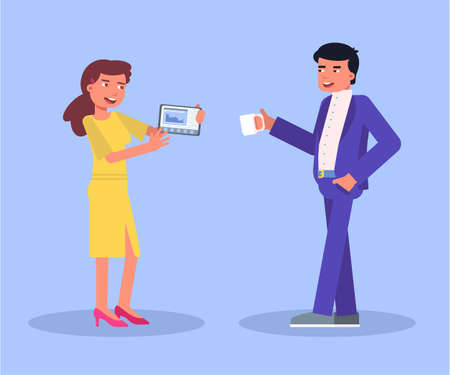 Coworkers discuss analytic chart on digital deviceのイラスト素材