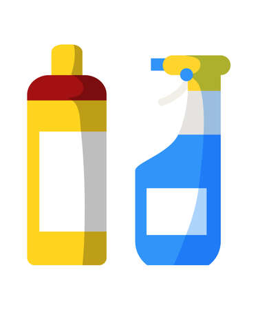 Detergent cleaner bottles flat vector illustration. Liquid household chemicals isolated clipart on white background. Domestic chores supplies, house cleaning products.のイラスト素材