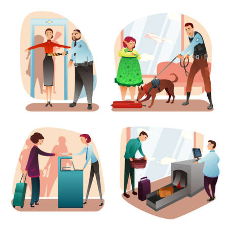 Check-in and security people scenes cartoon setのイラスト素材