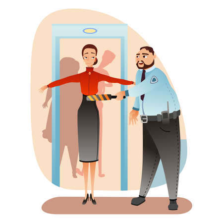 Woman and security control checkpoint in airportのイラスト素材