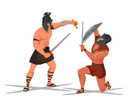 Ancient romans warrior battle scene. Gladiators fighting isolated on white. Armed roman legions in traditional clothes. Figures for movie making or game creation. Vector flat cartoon illustrationのイラスト素材